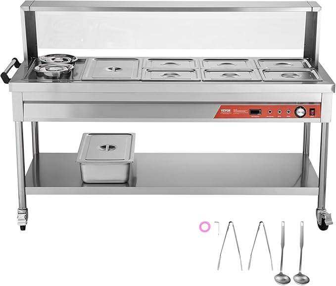 VEVOR Commercial Electric Food Warmer, 7 Pans + 2 Pots Steam Table, 1800W Professional Buffet Catering Food Warmer with Shield Undershelf Wheels, Stainless Steel Server for Party Restaurant