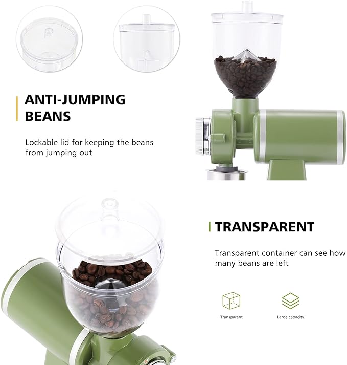 Electric Coffee Grinder Burr Espresso Coffee Bean Grinder Small Automatic Stainless Steel Coffee Mill With Brush, Pea Green