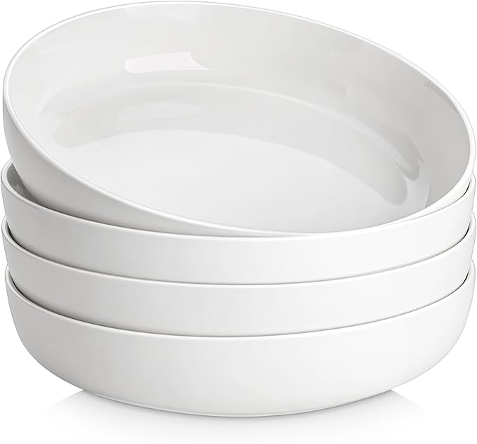 MALACASA 48 Oz Pasta Bowls Set of 4, 9 Inch Salad Bowls, White Ceramic Serving Bowls for Kitchen, Microwave & Dishwasher Safe, Series LUNA, White