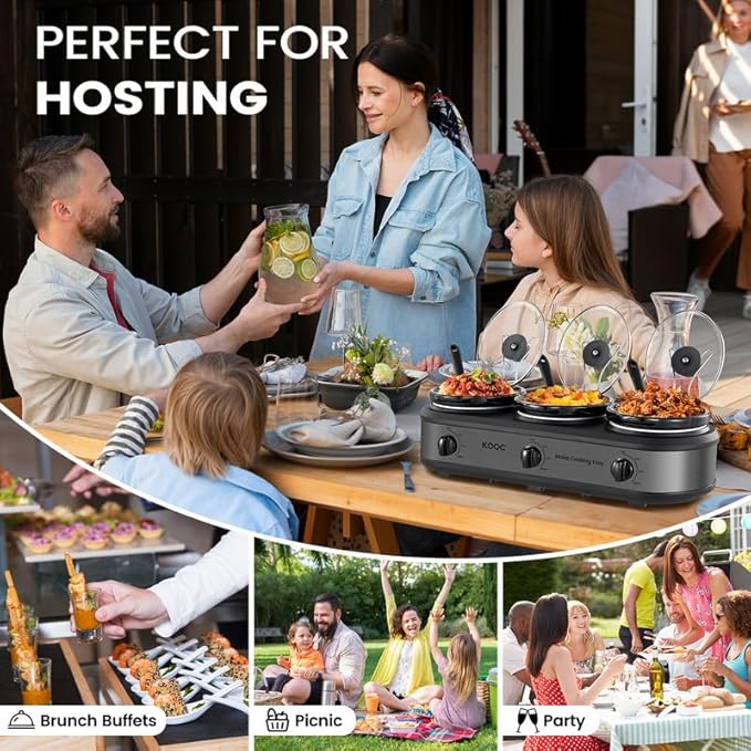 KOOC Triple Slow Cooker Buffet Server and Food Warmer 3x1.5 Quart Individual Temp Control With Lid Rests & Spoons With Liners Included Grey