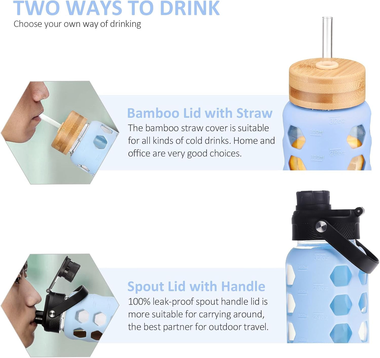 MUKOKO Glass Water Bottles,32oz Glass Tumbler with Straw,Drinking Bottles with 2 Lids-Handle Spout Lid&Bamboo Straw Lid,Motivational Water Bottle with Time Marker and Silicone Sleeve,1 Pack-Glacier