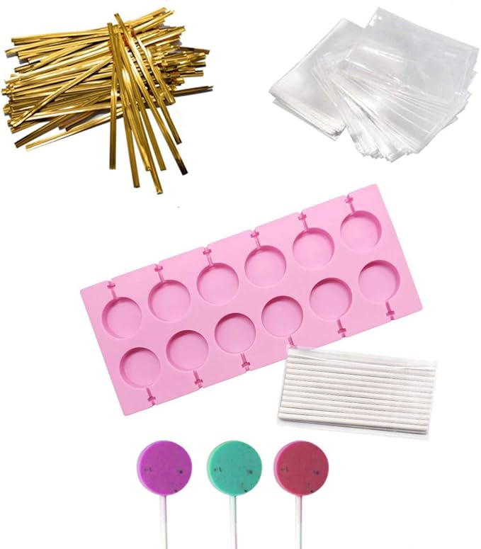 12 Capacity Silicone Lollipop Molds,Chocolate Hard Candy Mold with 50pcs 4 inch Lollypop sucker sticks,Candy Treat Bags,gold ties. (Round pink)