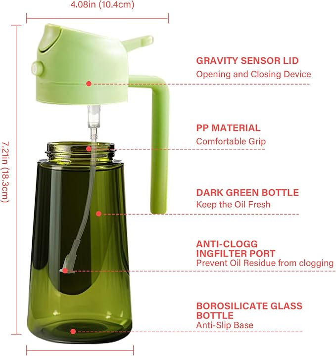 Oil Sprayer for Cooking, Kitchen Goddess 2 in 1 Spray and Pour Olive Oil Dispenser 16oz 450ml Glass Oil Spray Bottle, Mist Olive Oil Dispensing, Air Fryer, Dark Green (green)