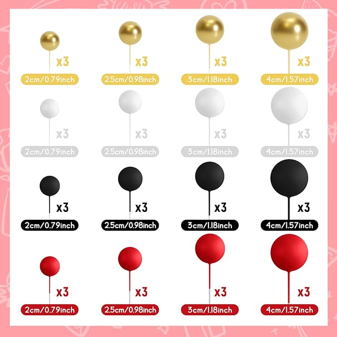48 Pcs Balls Cake Topper Decorations Balloon Cupcake Toppers Foam Cake Topper Balls Cake Balls Decorations for Birthday Party Wedding Cake Decorating (Black, Red, White, Gold)