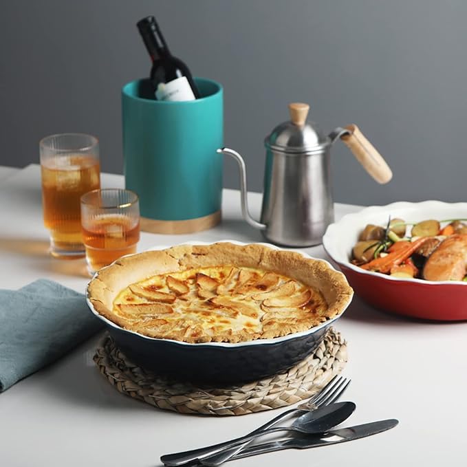 Sweejar Ceramic Pie Pan, 10 Inch Round Baking Dish, Non-Stick with Soft Wave Edge for Apple, Pumpkin, Pot Pies (Blue&Yellow)