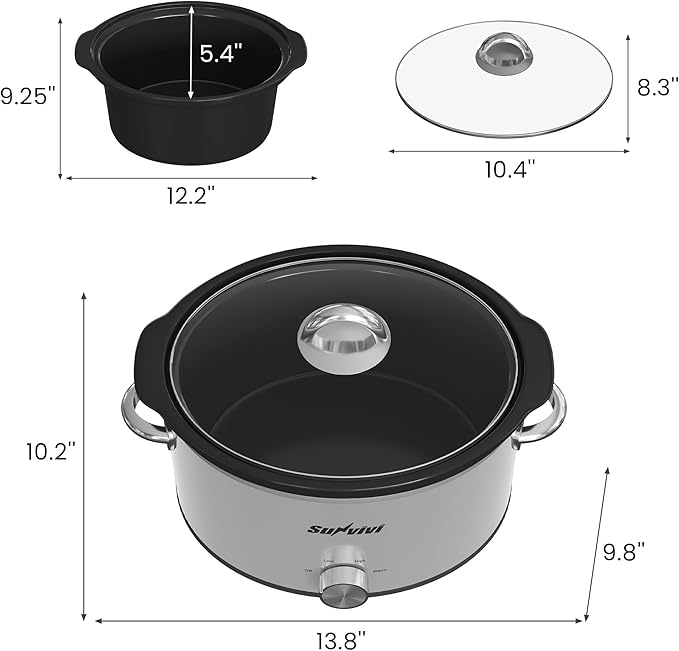 Sunvivi Small Slow Cooker 4QT, Mini Food Warmer with 3 Heating Settings, Removable Ceramic Pot, Dishwasher Safe Glass Lid, Stainless Steel, Silver