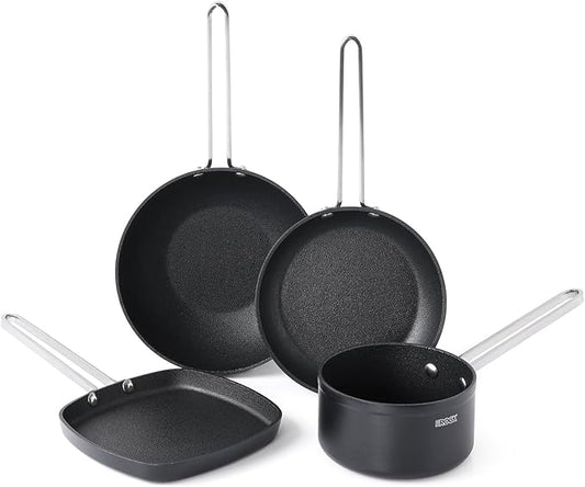 THE ROCK Single Serve Nonstick Pots and Pans Set, 4pc Portion Control Cookware Set with Rock.Tec, Scratch/Stain/Crack Proof, Oven & Dishwasher Safe, Perfect for Dorm, Camping & Small Kitchens, Black
