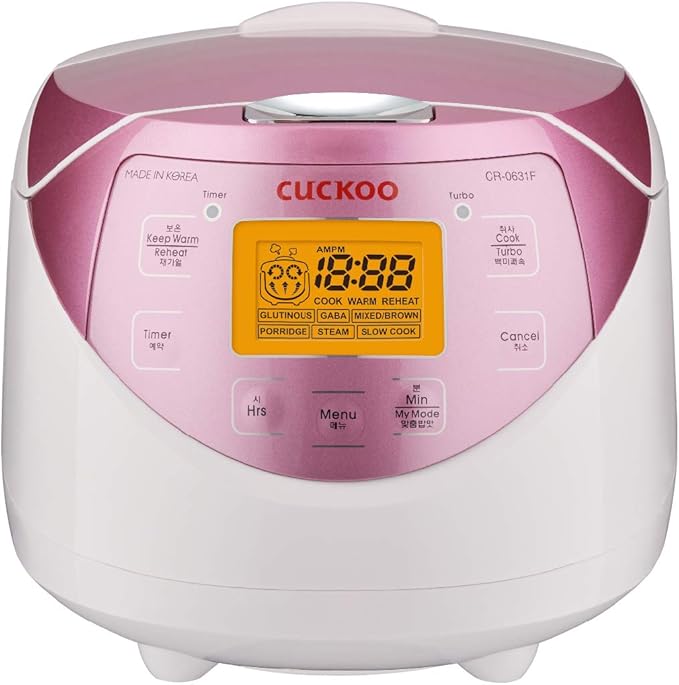 CUCKOO CR-0631F 6-Cup (Uncooked) / 12-Cup (Cooked) Micom Rice Cooker with Nonstick Inner Pot, 7 Menu Modes, LCD Display, Fuzzy Logic Tech, Auto Clean (White/Pink)