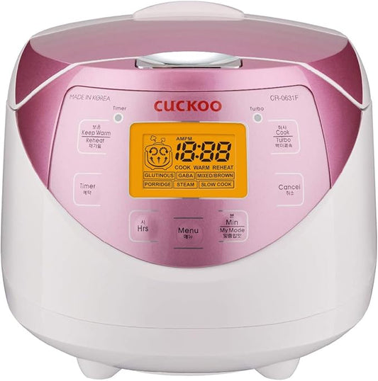 CUCKOO CR-0631F 6-Cup (Uncooked) / 12-Cup (Cooked) Micom Rice Cooker with Nonstick Inner Pot, 7 Menu Modes, LCD Display, Fuzzy Logic Tech, Auto Clean (White/Pink)