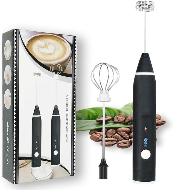 Rechargeable Foam Maker with Double Whisk, RIJAHO Upgraded 3 Speeds Frother Handheld for Milk Coffee, Latte, Matcha