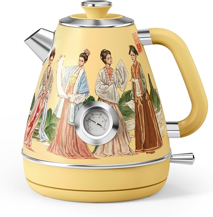 Hazel Quinn Retro Electric Kettle - 1.7 Liters / 57.5 Ounces Tea Kettle with Thermometer, All Stainless Steel, 1200 Watts Fast Boiling, BPA-free, Cordless, Automatic Shut Off - Finery