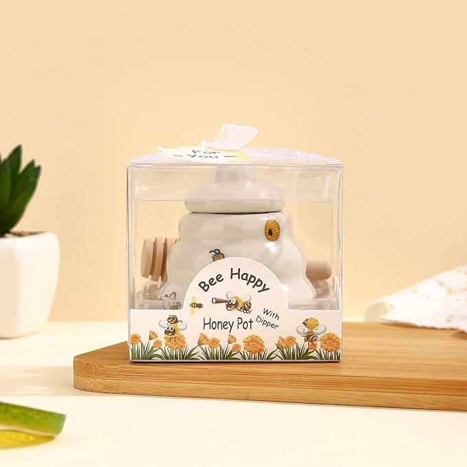 12 Sets Ceramic Bee-Happy Honey Pot with Dipper，Honey Jar Serving Set with Exquisiting Package for Wedding Favor,Bridal Shower Favor, Baby Shower Favor，Party Favor (12)