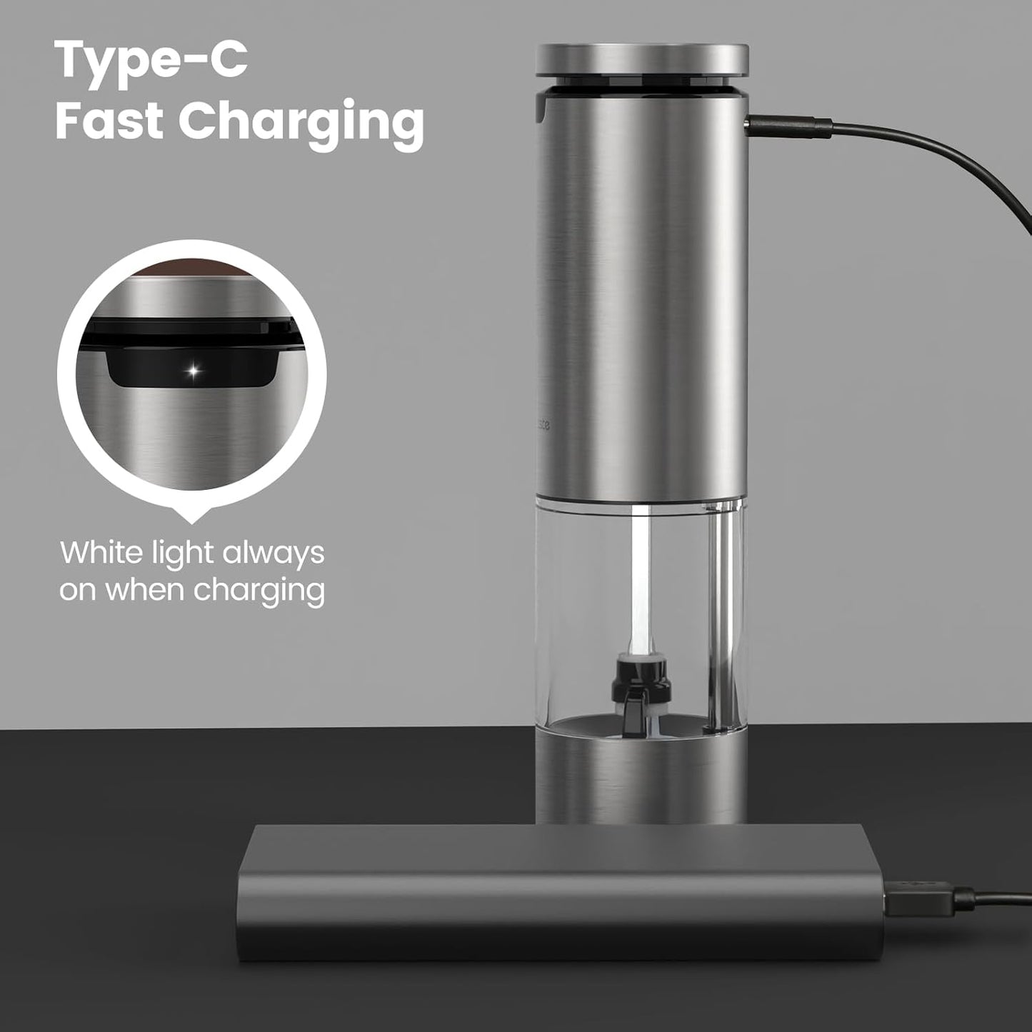 SIMPLETASTE Electric Salt and Pepper Grinder Set Rechargeable with LED Light, Stainless Steel, 70g Capacity for Kitchen, Dining Room, Bar