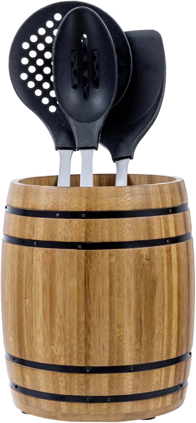 MyGift Wine Barrel Design Kitchen Utensil Crock, Light Brown Solid Bamboo Wood Cooking Tool Holder