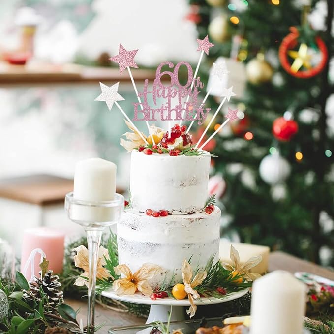 Glittery 60th Happy Birthday Cake Topper with Star,Personalised 60 Birthday Cake Toppers Party Decorations Party Supplies for Men Women Rose Gold