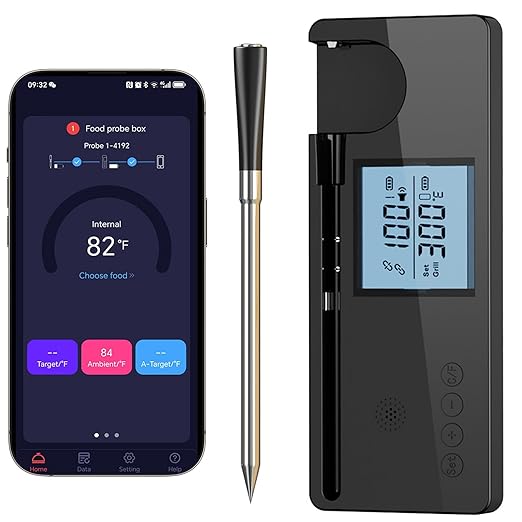 Meat Thermometer Digital Wireless with 800ft Range, Bluetooth 5.3 Food Thermometer with Dual-Temperature Probe, LCD Display and App&Case Setting for Grilling Smoking Cooking