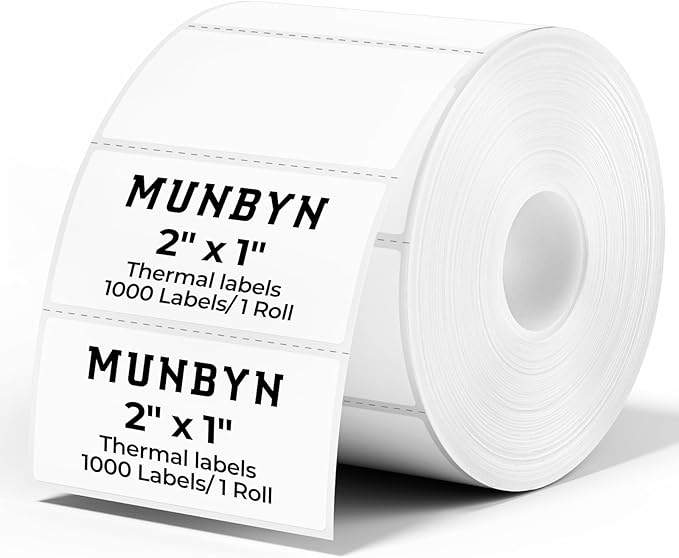 MUNBYN 2x1In Thermal Sticker Labels, Address Barcode Self-Adhesive Label Paper for Direct Thermal Printer and Business, Multi-Purpose Shipping Mailing Name Rectangle White Stickers,1000 Sheets/Roll