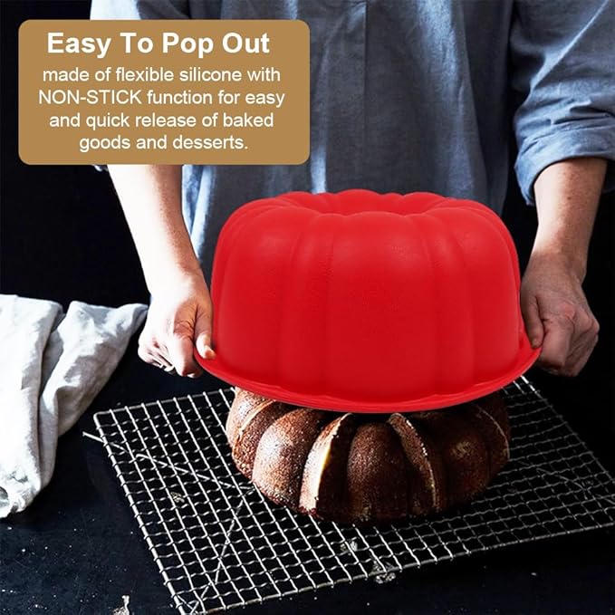 10 inch Silicone Bundt Cake Pan, Non-Stick Silicone Fluted Pans, ome Baking DIY Cake Mold for Cake, Jelly, Bread, Chocolate, Para Gelatinas (Red) (Red, 1 Pack)