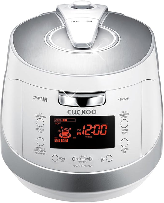 CUCKOO CRP-HS0657FW 6-Cup (Uncooked) / 12-Cup (Cooked) Induction Heating Pressure Rice Cooker with Nonstick Inner Pot, 16 Menu Modes, Safe Steam Release, Korean Voice Guide, Auto Clean (White/Silver)