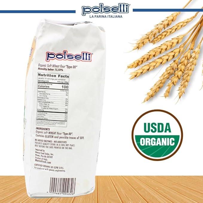 POLSELLI Organic Flour, Type 00, 100% Italian Grain, Double Zero Flour, OO Extra Fine, BIO, Neapolitan Italian Pizza, Bread, Pasta, All Natural, Unbleached, All-Purpose Flour, Unbromated, No Additives
