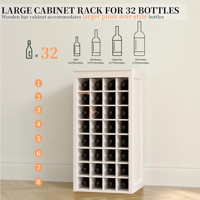 WERSMT 8-Tier Wine Rack Freestanding Floor, 32 Bottles Wood Wine Rack Counter for Small Space, Farmhouse Stackable Modular Wine Bottle Holder Rack, White