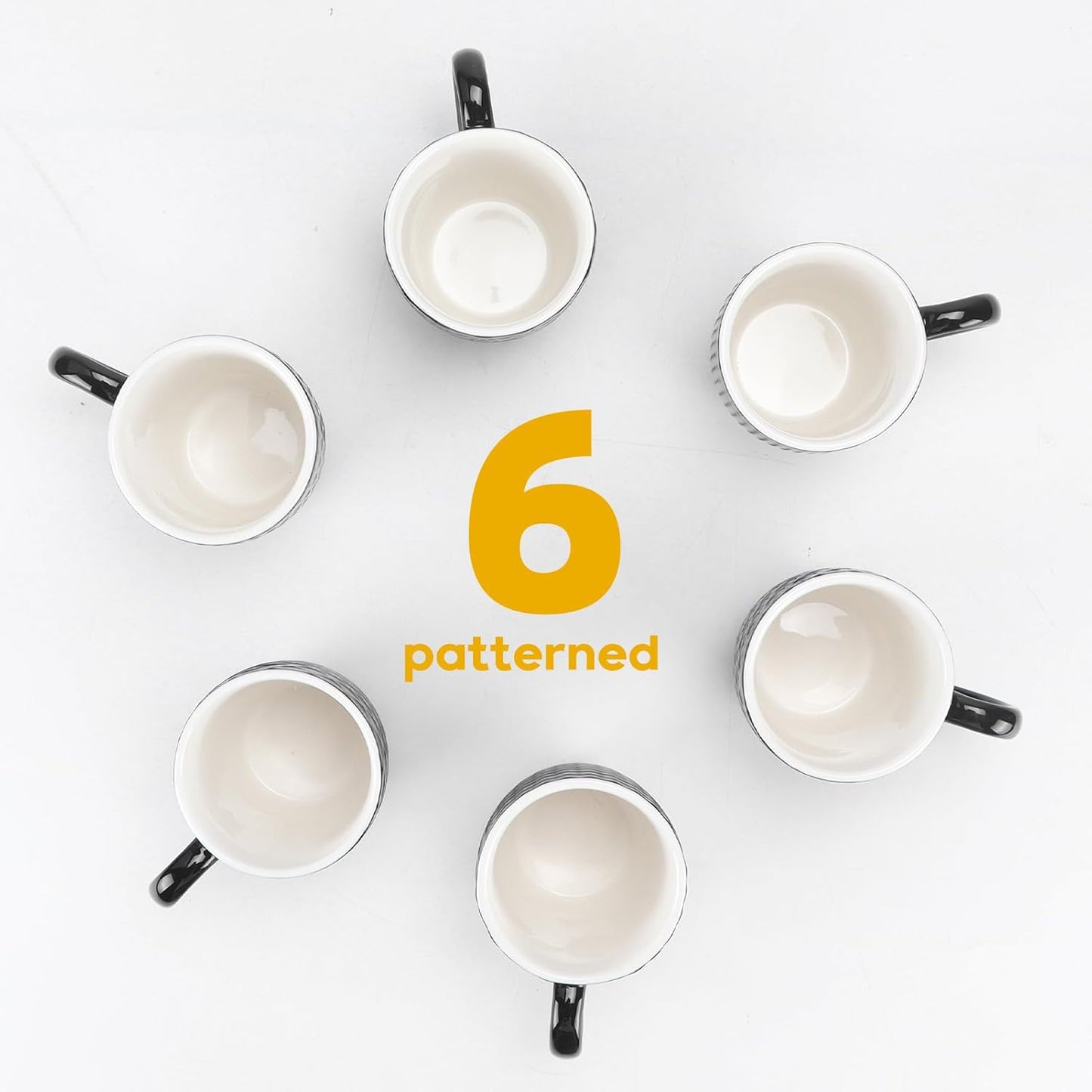 Schliersee 12 OZ Black Ceramic Coffee Mugs Set 6, Stylish Embossed 6 Patterns Coffee Cups Set for Coffee, Tea, Milk, Cocoa, Cereal, Water, Microwave Safe