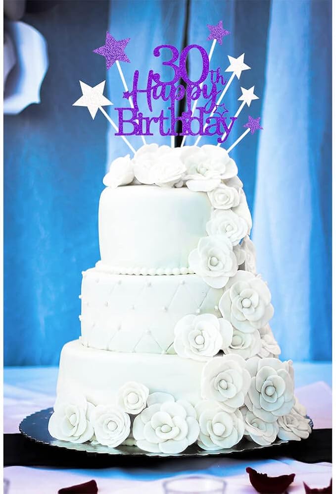 Glittery 30th Happy Birthday Cake Topper with Star,Personalised 30 Birthday Cake Toppers Party Decorations Party Supplies for Men Women Purple Silver