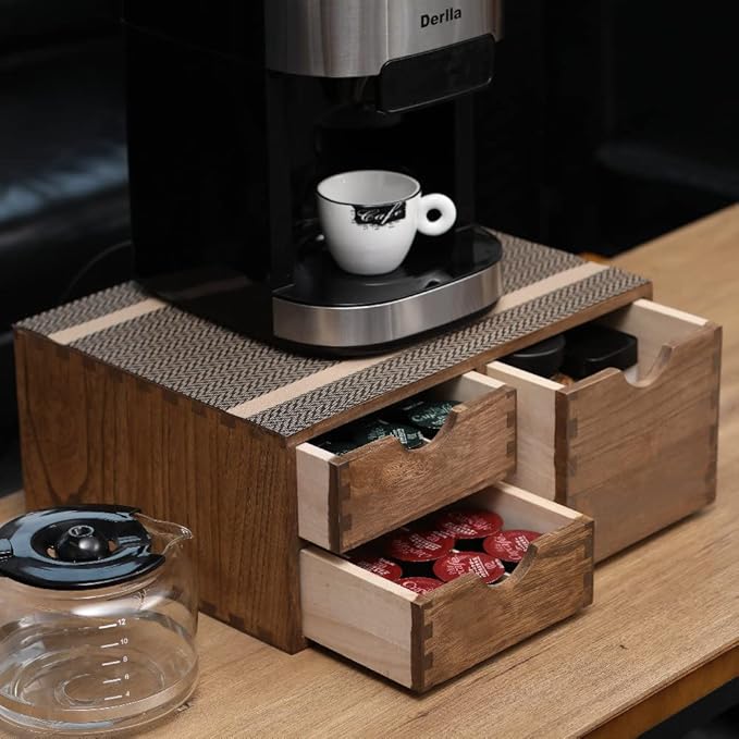 Coffee Pods Storage Drawer Holder for Capsules - Multi Functional Desk Organizer Drawers For K-Cup Coffee Maker Brew - Kitchen Mini Wooden Box Chest Sideboard Counter Organization CF2D3C Dark