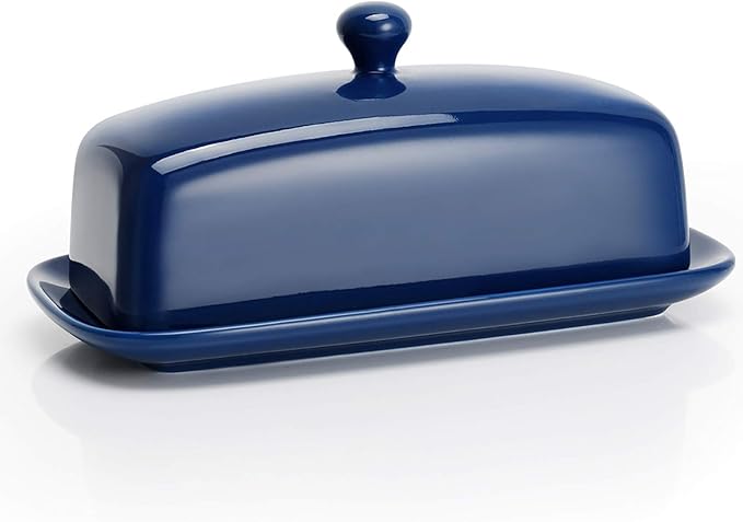 Sweese Butter Dish with Lid, Porcelain Butter Keeper, 7.8 Inch Butter Holder with Handle Cover, Butter Container Perfect for East West Coast Butter, Navy