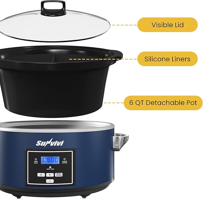 Sunvivi 6 Quart Programmable Slow Cooker with 2 in 1 Silicone Liners, Multi-Cooker Food Warmer with Digital Timer, Adjustable Tempature Control, Dishwasher Safe Parts, Blue