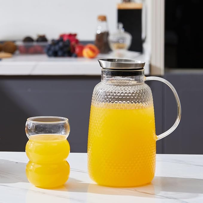 Purefold Pitcher with Lid, 78 oz Glass Jug with Stainless Steel Lid for Hot and Cold Water, Fruit Tea, Coffee Maker, Ice Tea, Juice, Pineapple Series (Clear)