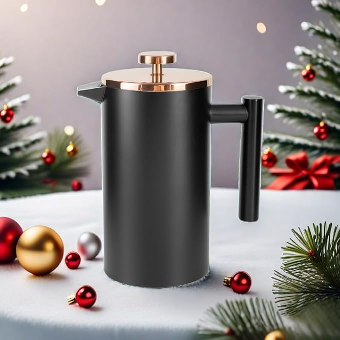 Black French Press Stainless Steel 34oz, Double Wall Insulated Coffee Press 1L for travel camping with 2 Extra Filter Screens and 1 Coffee Spoon（8cup 1000ml）