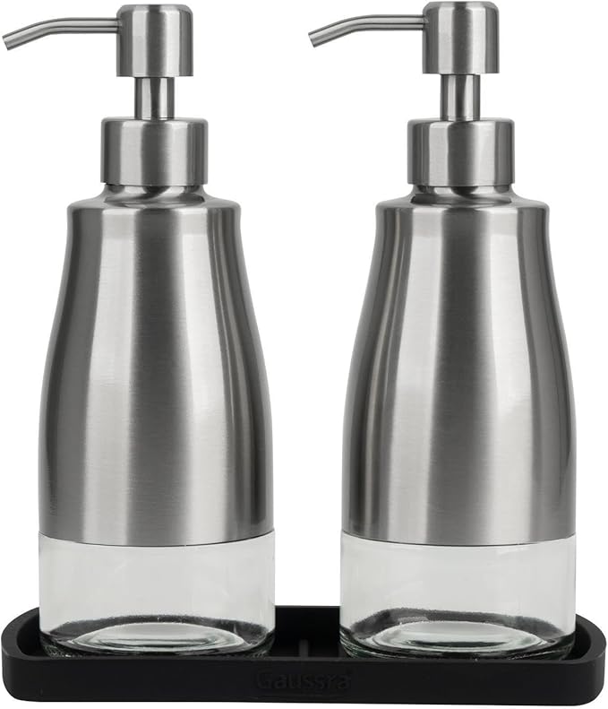 Kitchen Soap Dispenser Set with Silicone Tray and Stickers - Brushed Nickel, Stainless Steel Glass Soap Dispenser Bathroom, Refillable Hand Dish Soap Dispenser for Kitchen Sink