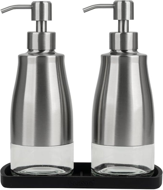 Kitchen Soap Dispenser Set with Silicone Tray and Stickers - Brushed Nickel, Stainless Steel Glass Soap Dispenser Bathroom, Refillable Hand Dish Soap Dispenser for Kitchen Sink