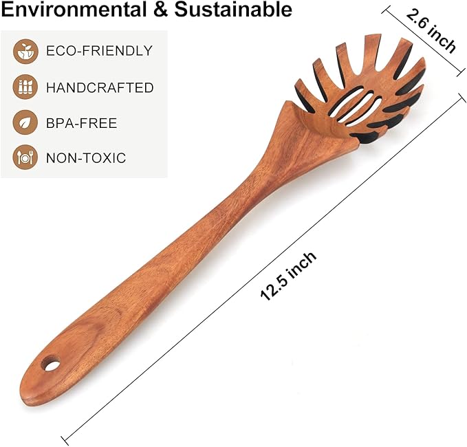 Wooden Pasta Spoon with Teeth Spaghetti Fork Tongs 12.5 Inch Pasta Forks Serving Utensils Acacia Wood Spaghetti Server Spoons Ladle Pastas Spatula Kitchen Tool Spaghettis Scoop Strainer Noodle Spoon