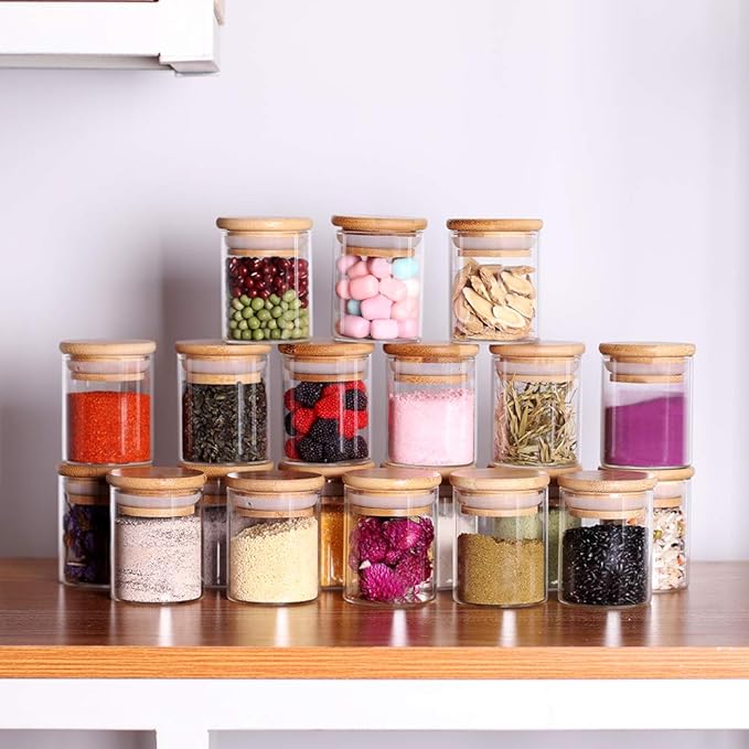 Spice Jar Set,2.5oz 20 Piece Glass Jar with Bamboo Airtight Lids and Labels, Mini Clear Food Storage Containers for pantry, kitchen canisters for Tea, Herbs, Sugar, Salt, Coffee