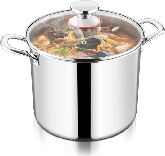 TeamFar 10 Quart Stock Pot, Stainless Steel Tri-ply Large Stockpot Pasta Soup Cooking Pot with Glass Lid, for Induction Gas Ceramic Electric, Nontoxic & Heavy Duty, Ergonomic Handles & Dishwasher Safe