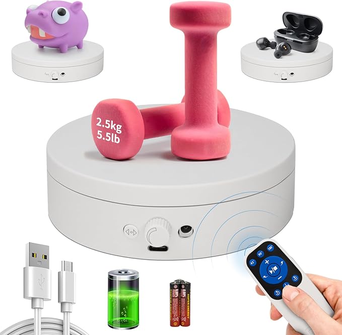 Motorized Rotating Display Stand with Remote, 4.53in 360 Electric Turntable for Display,Photography,3D Scanner Models, Motorized Lazy Susan and Photography Turntable Control Angle/Speed,Step/Swing/Continuous Rotation