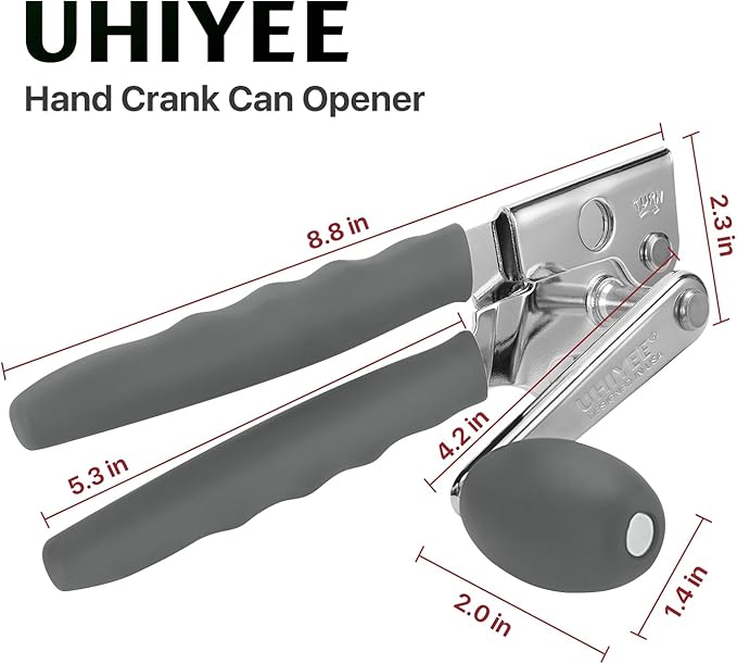 Commercial Can Opener, UHIYEE Hand Crank Can Opener Manual Heavy Duty with Comfortable Extra-long Handles, Oversized Knob, Large Handheld Can Open Easy for Big Cans, Gray