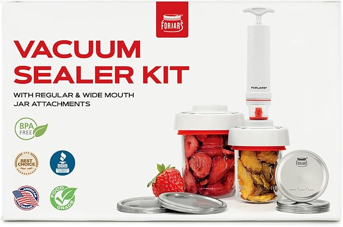 FORJARS Jar Vacuum Sealer Accessory Set for Mason Jars - Compatible with Regular and Wide Mouths, Cordless Pump for Portable Manual Hand Sealing, no electric. Vacuum Sealer with Plastic Lids