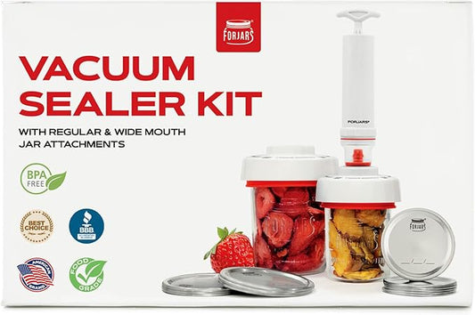 FORJARS Jar Vacuum Sealer Accessory Set for Mason Jars - Compatible with Regular and Wide Mouths, Cordless Pump for Portable Manual Hand Sealing, no electric. Vacuum Sealer with Plastic Lids