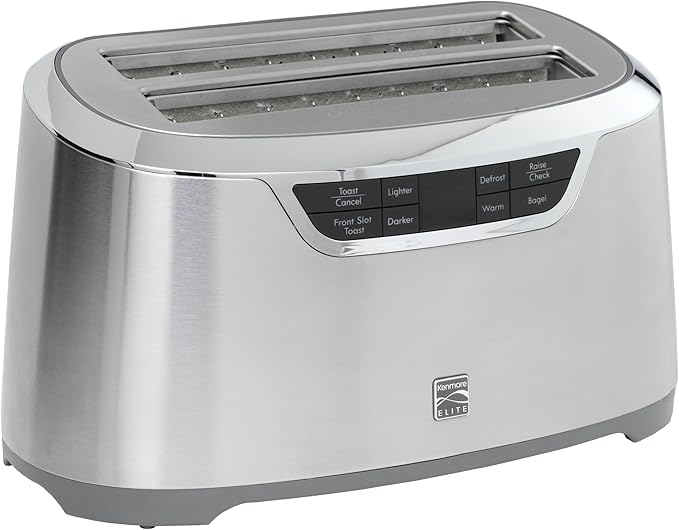 Kenmore Elite toaster 4 slice - long slot countertop kitchen appliance, tostadora de pan, front toast option, easy clean crumb tray, digital control, modern stainless steel design, bread bagel waffels