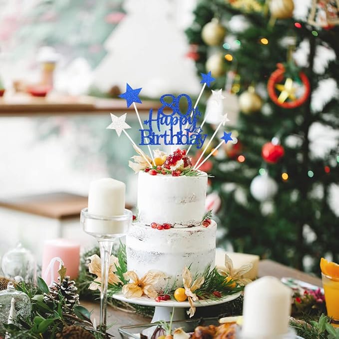 Glittery 80th Happy Birthday Cake Topper with Star,Personalised 80 Birthday Cake Toppers Party Decorations Party Supplies for Men Women Blue