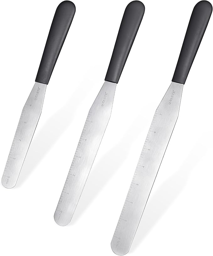 U-Taste Cake Icing Spatulas Set: Straight Decorating Frosting Knife with 6", 8", 10" Thinner Stainless Steel Blade, Flexible Smoothing Spreading Tools with Comfortable PP Handle for Cream (Black)
