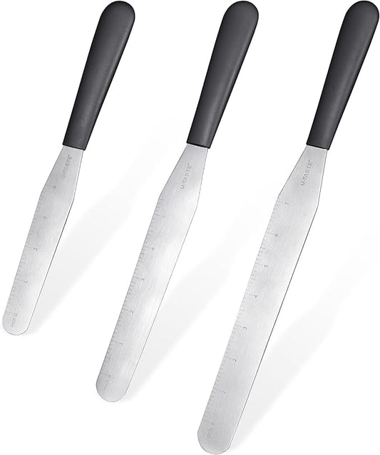 U-Taste Cake Icing Spatulas Set: Straight Decorating Frosting Knife with 6", 8", 10" Thinner Stainless Steel Blade, Flexible Smoothing Spreading Tools with Comfortable PP Handle for Cream (Black)