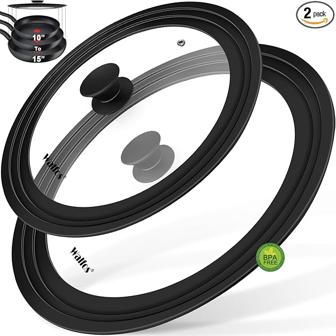 Walfos 2 Pcs Universal Pot Lids, Frying Pan Lid with Heat Resistant Silicone Rim, Fits All 10", 11", 12" to 13", 14", 15" Diameter Cookware, Pots, Pans and Skillets, BPA Free and Dishwasher Safe