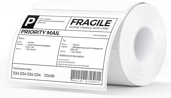 MUNBYN 4” X 3” Direct Thermal Labels, White Thermal Printer Stickers, Strong Adhesive, Labels Paper for Mailing, Barcode, 500 Sheets/1 Roll