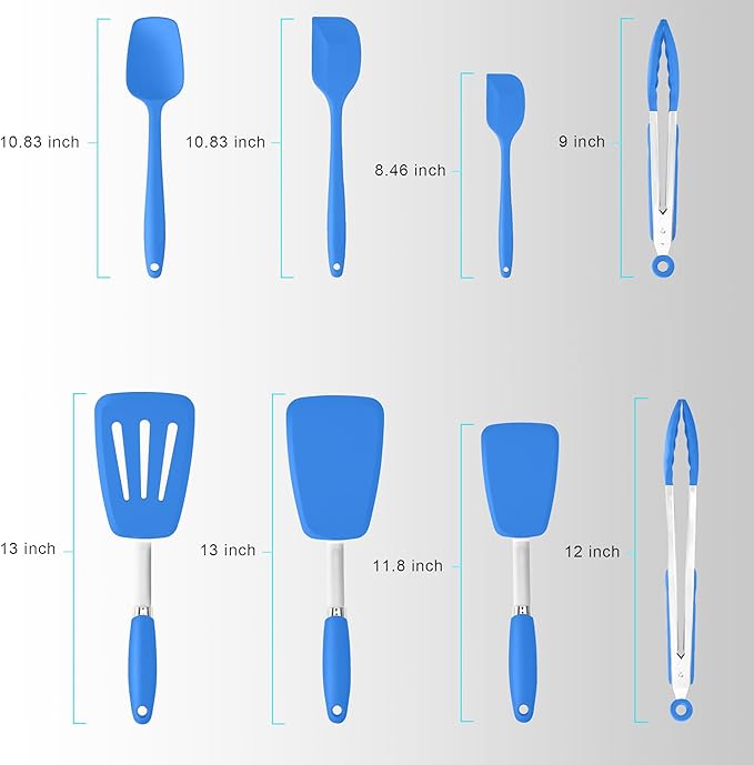 Silicone Spatulas Set Turners Tongs Cooking Utensils Set High Heat Resistant Kitchen Scraper Spatulas for Cooking Mixing Baking BPA Free Dishwasher Safe, Blue
