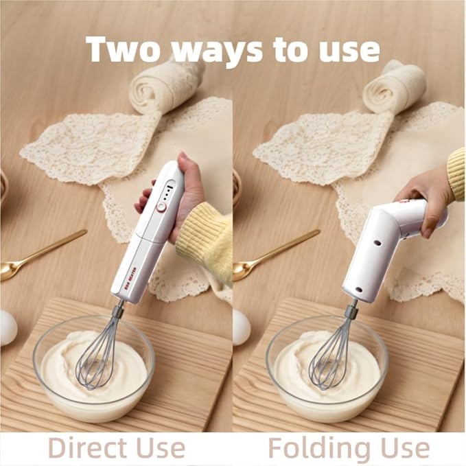 Cordless Hand Mixer, Foldable Design Handheld Electric Whisk with 3 Speed Modes, Hand Held Egg Beater with 2 Detachable Stir Whisks (White)