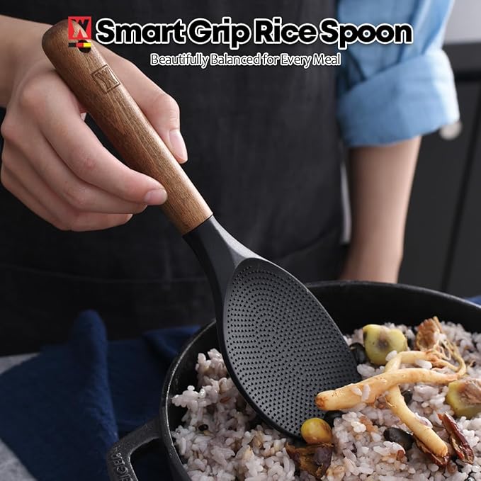 Silicone Rice Paddle with Wooden Handles: Non-Stick Rice Spoon, Mashed Potato Serving Spoon, Heat Resistant Cookware, Protects Surfaces with Gentle Head Design